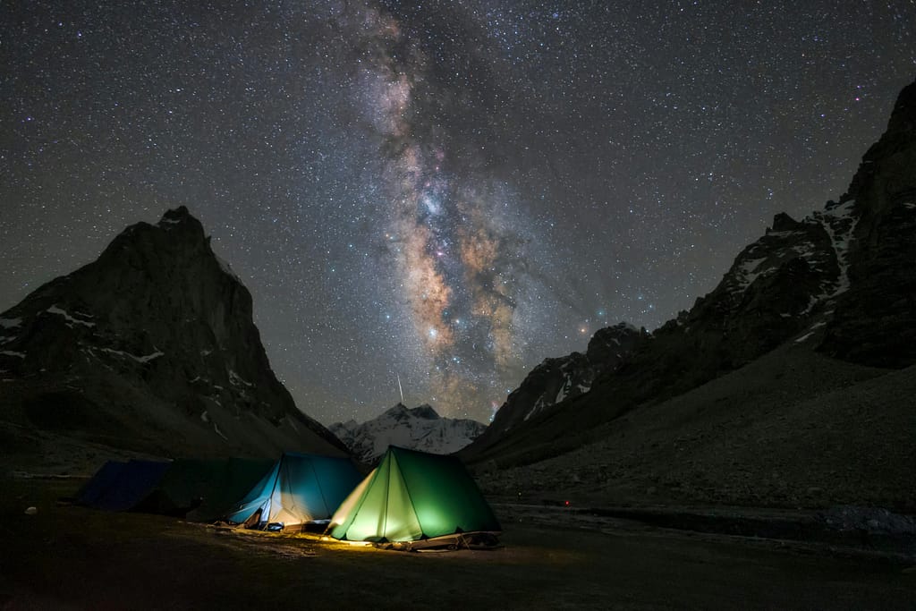 Camping tents with beautiful night sky view in gurez valley