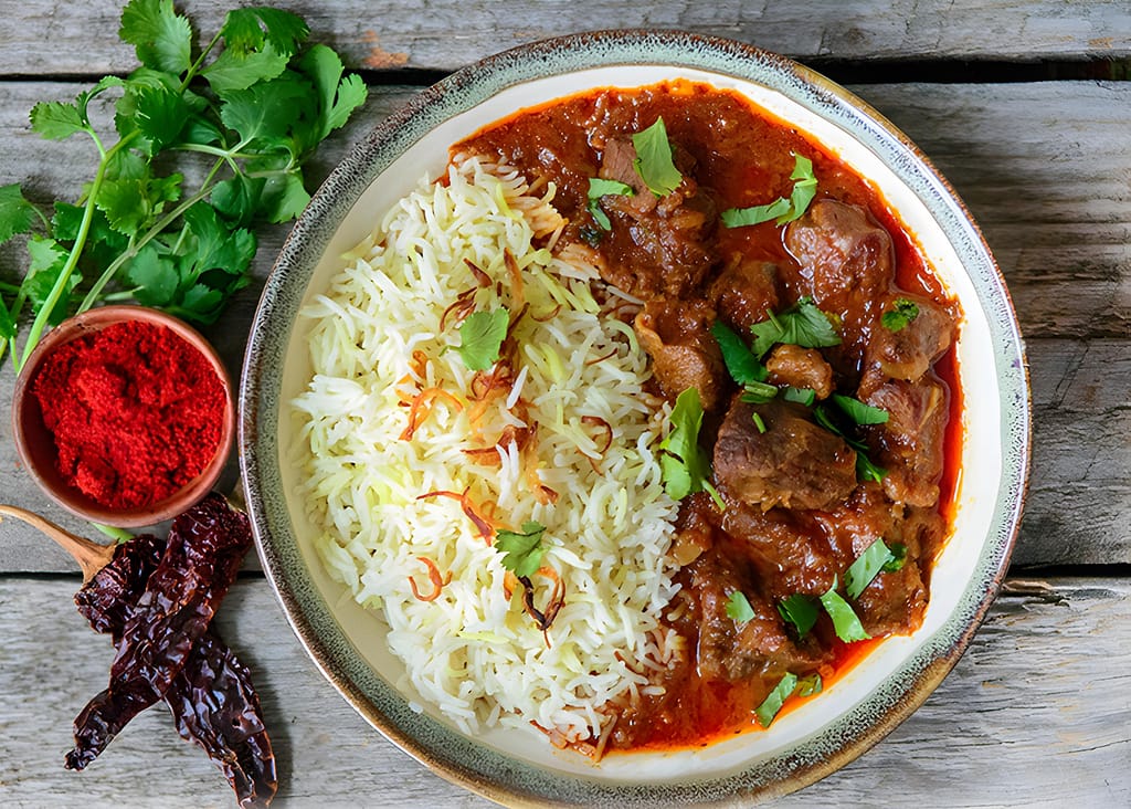 Kashmiri Rogan Josh with rice