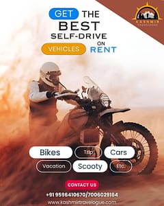 Banner of kashmir travelogue, bike rentals in srinagar, self-drive car rentals in srinagar, scooty rentals in srinagar, trips.