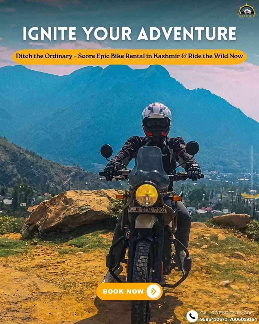 Rider on bike with himalayan bike in mountains, with srinagar bike rental.